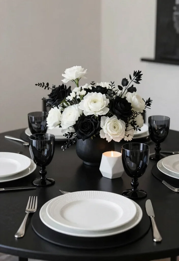 15 Black Round Table Decor Ideas With Bold Contrast 1 15 Black Round Table Decor Ideas With Bold Contrast - 1. Monochrome Magic 1