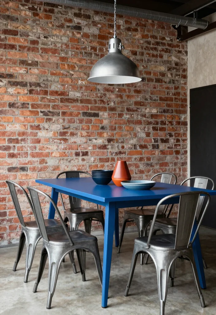 15 Blue Dining Table Ideas That Make a Bold Statement 54 15 Blue Dining Table Ideas That Make a Bold Statement - 14. Industrial Blue Contrast 1
