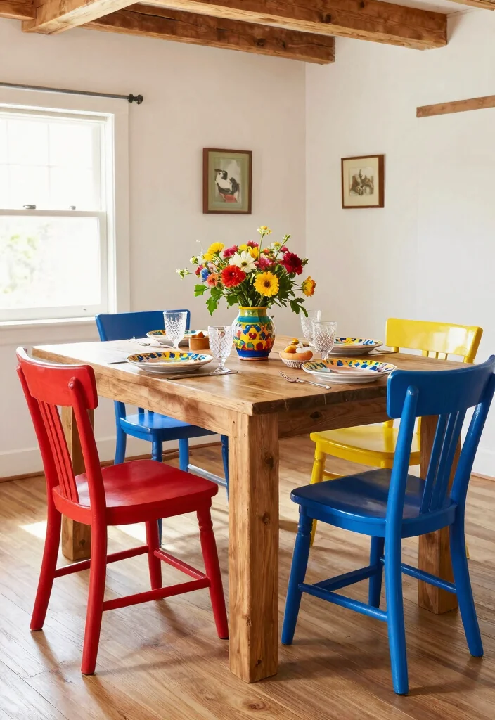 15 Custom Dining Table Ideas With Unique Character 25 15 Custom Dining Table Ideas With Unique Character - 5. Rustic Farmhouse with Colorful Accents 1