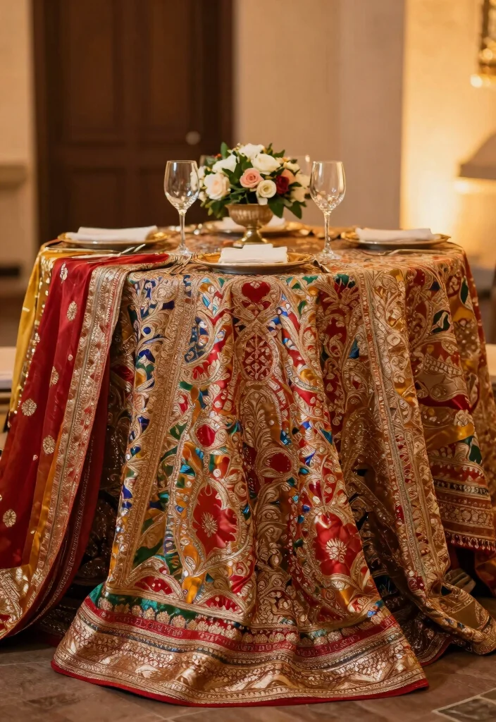 15 Indian Wedding Table Decor Ideas With Rich Detail - 10. Traditional Indian Fabrics as Tablecloths 1