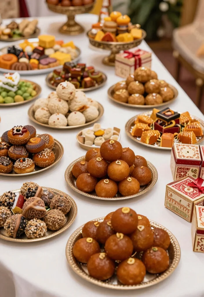 15 Indian Wedding Table Decor Ideas With Rich Detail - 15. Sweets and Treats as Table Decor 1