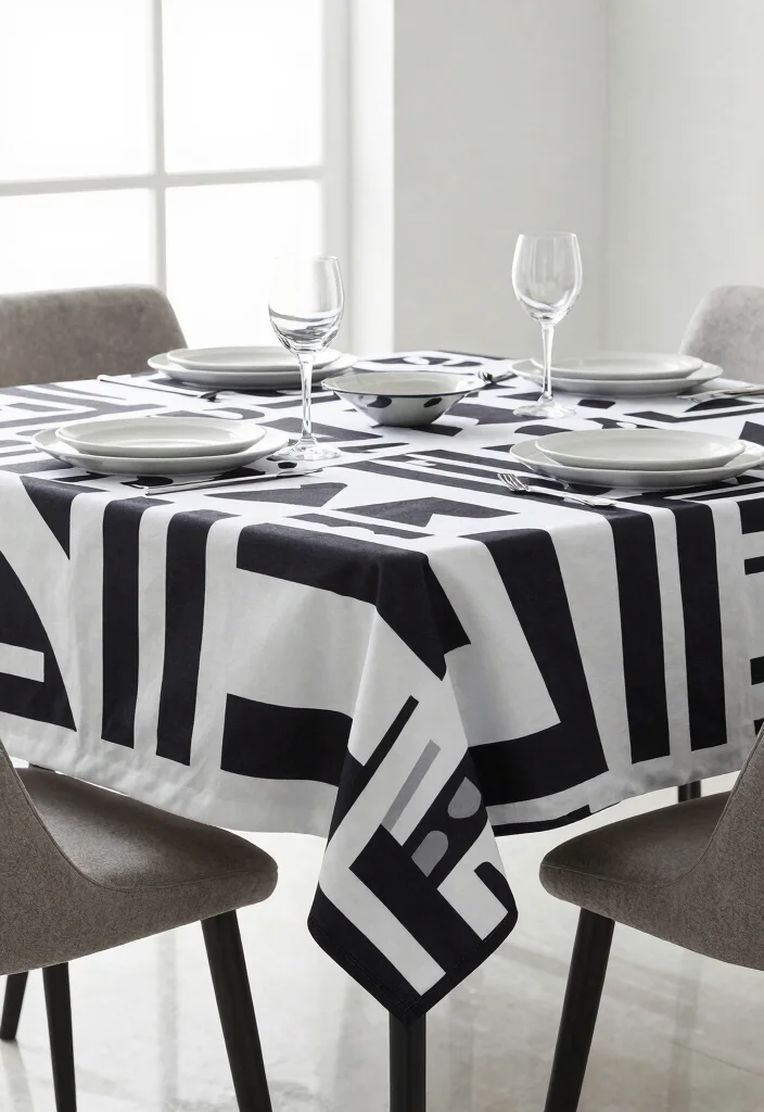 15 Table Cloth Ideas for Home Dining Rooms That Add Charm 29 15 Table Cloth Ideas for Home Dining Rooms That Add Charm - 9. Graphic Prints for Modern Appeal 1