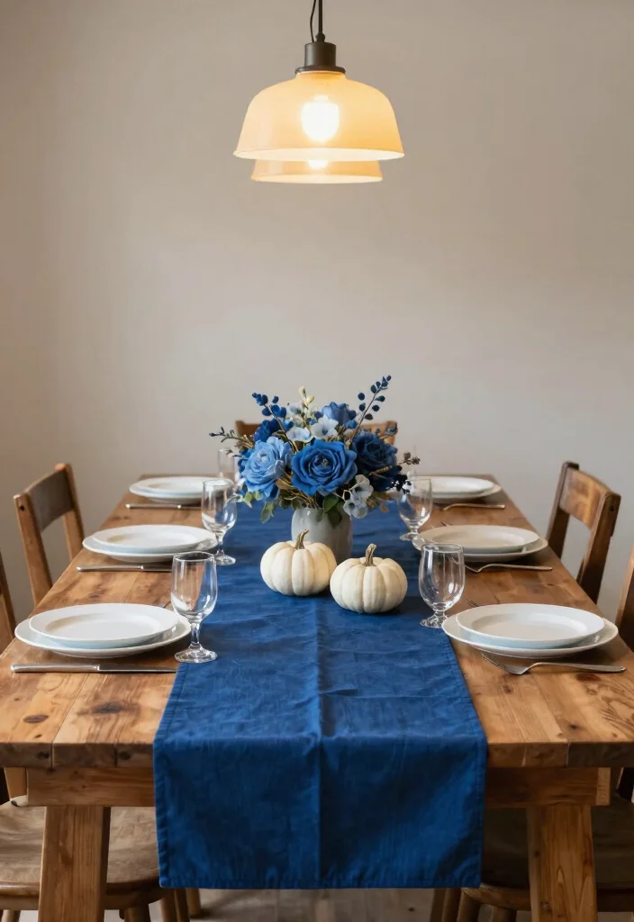 16 Blue Thanksgiving Table Decor Ideas With Elegant Touch - 1. Deep Blue Table Runner 1