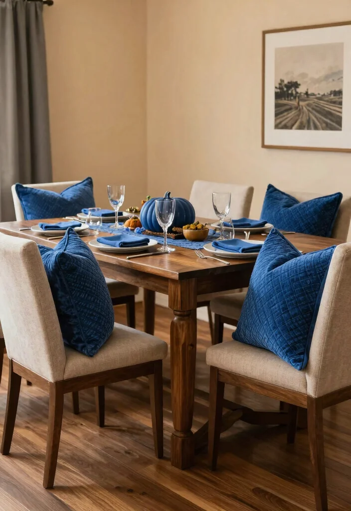 16 Blue Thanksgiving Table Decor Ideas With Elegant Touch - 15. Textured Blue Pillows 1