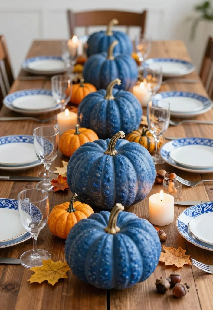 16 Blue Thanksgiving Table Decor Ideas With Elegant Touch - 6. Blue Pumpkin Accents 1