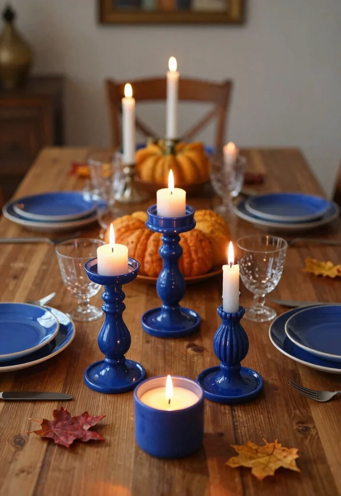 16 Blue Thanksgiving Table Decor Ideas With Elegant Touch - 8. Candles in Blue Holders 1