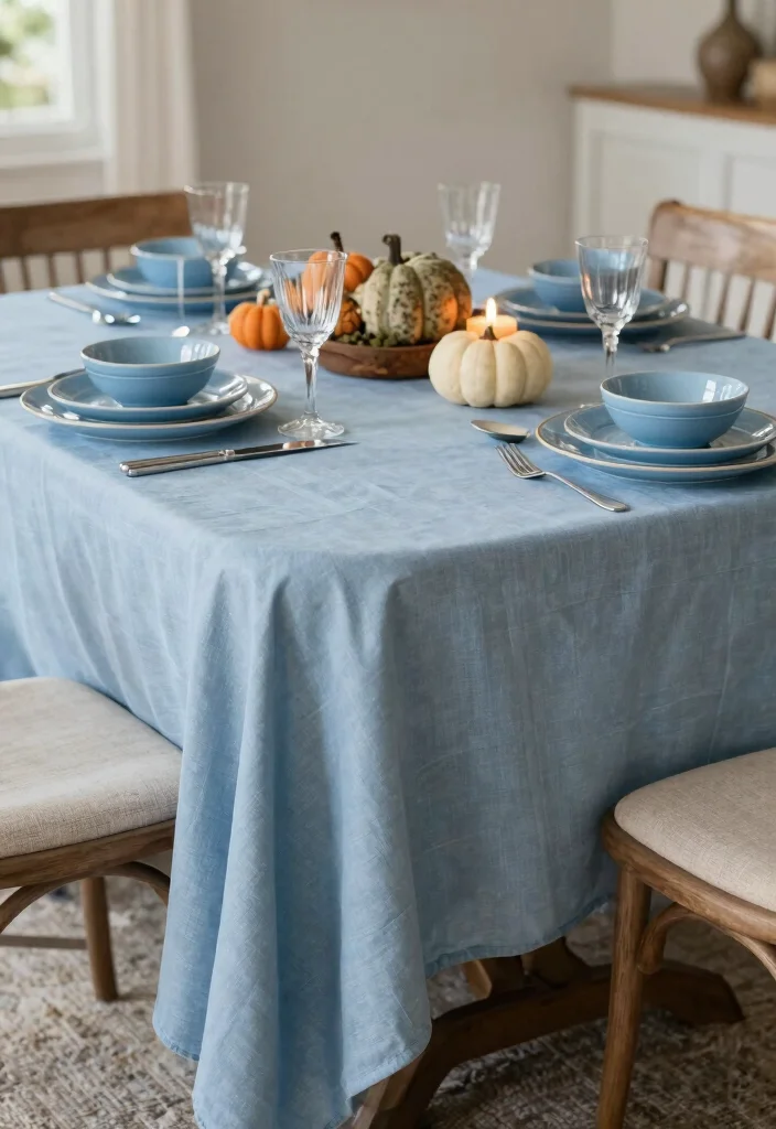 16 Blue Thanksgiving Table Decor Ideas With Elegant Touch - 9. Soft Blue Tablecloths 1