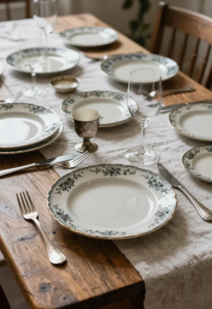 16 French Country Dining Room Table Ideas With Rustic Elegance - 2. Vintage Tableware Collection 1