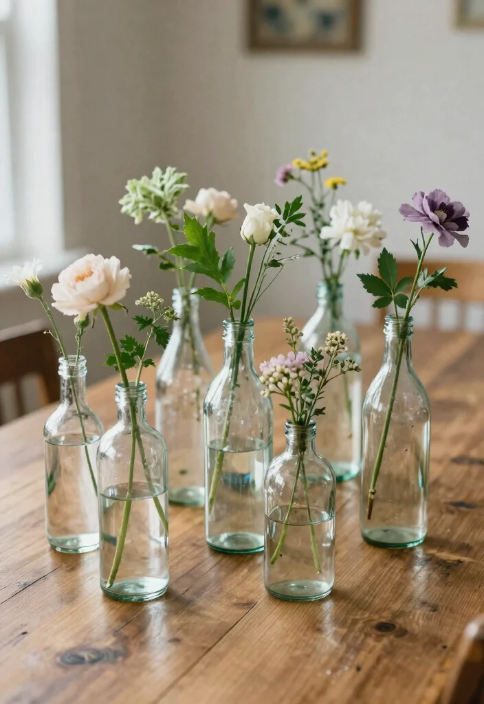 16 French Country Dining Room Table Ideas With Rustic Elegance - 9. Vintage Bottles as Vases 1