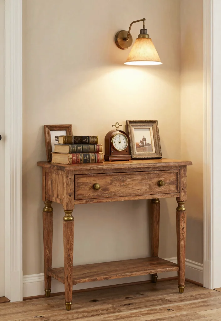 16 Hallway Console Table Decor Ideas That Welcome Beautifully - 1. Vintage Charm with Rustic Elements 1