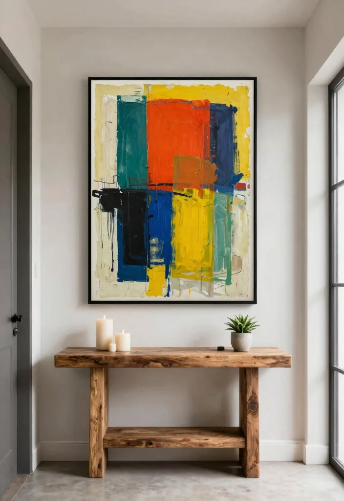 16 Hallway Console Table Decor Ideas That Welcome Beautifully - 12. Rustic and Bold Artwork 1