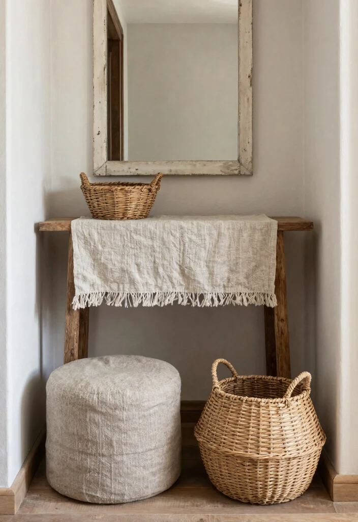 16 Hallway Console Table Decor Ideas That Welcome Beautifully - 6. Rustic Touches with Textiles 1