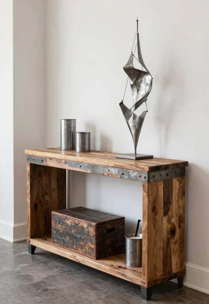 16 Hallway Console Table Decor Ideas That Welcome Beautifully - 8. Rustic Industrial Fusion 1