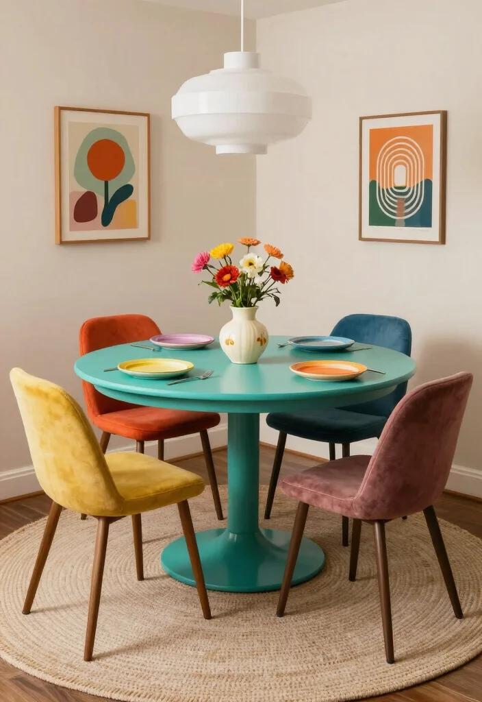 16 MCM Dining Table Ideas With Retro Charm 2 16 MCM Dining Table Ideas With Retro Charm - 2. Round Retro Table with Vibrant Colors 1