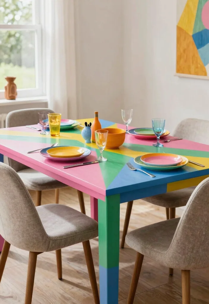 16 Painted Dining Room Table Ideas With Creative Color 23 16 Painted Dining Room Table Ideas With Creative Color - 3. Eclectic Rainbow Table 1