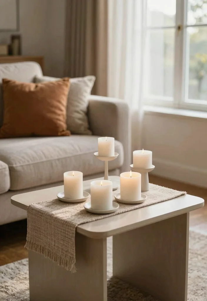 16 Square Side Table Decor Living Room Ideas That Shine - 5. Minimalistic Candle Displays 1