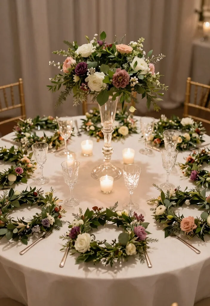 17 Circular Wedding Table Decor Ideas With Romantic Flow - 14. Whimsical Flower Crowns 1