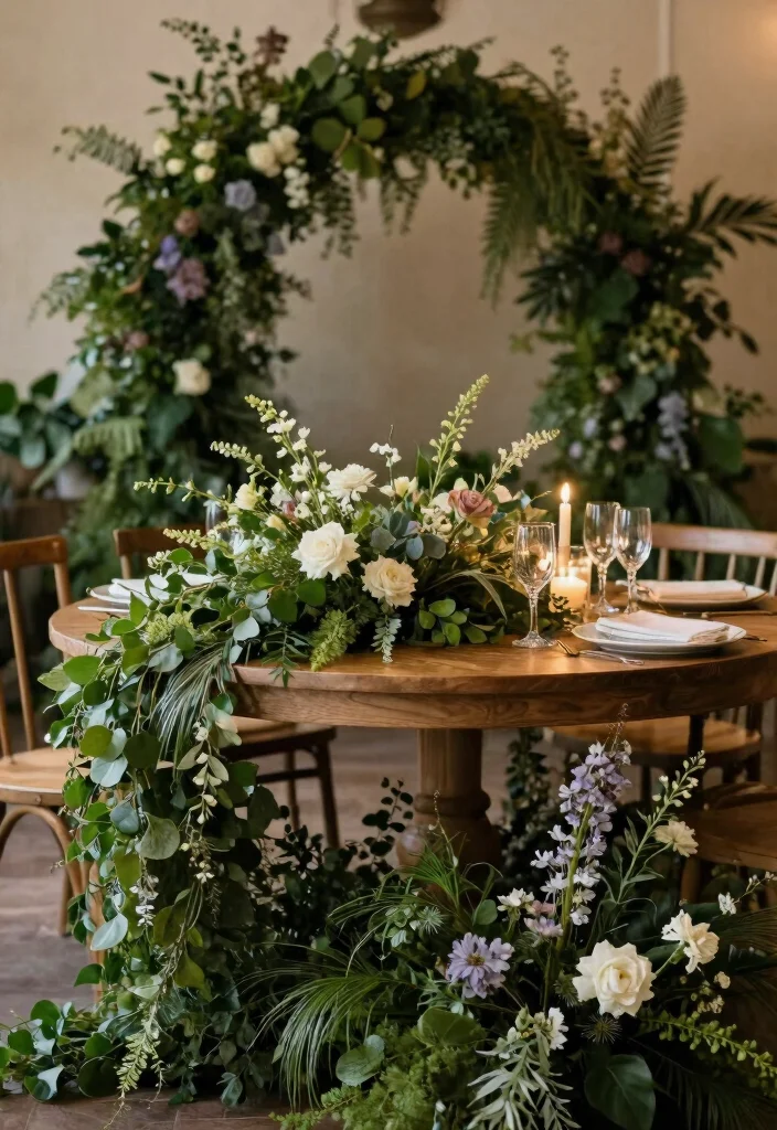 17 Circular Wedding Table Decor Ideas With Romantic Flow - 3. Eco-Friendly Greenery Table Wraps 1