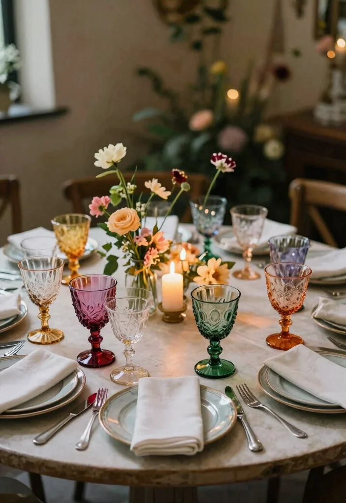 17 Circular Wedding Table Decor Ideas With Romantic Flow - 4. Vintage Glassware Accents 1