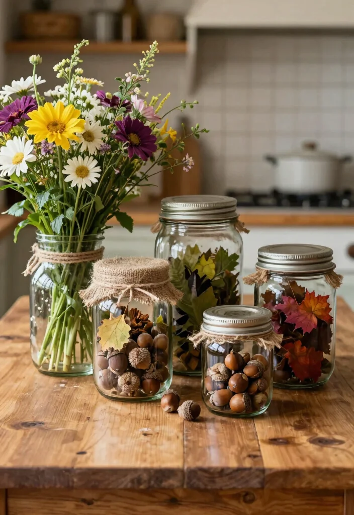 17 Fall Kitchen Table Decor Ideas With Warm Autumn Vibes 26 17 Fall Kitchen Table Decor Ideas With Warm Autumn Vibes - 6. Farmhouse Charm with Canning Jars 1