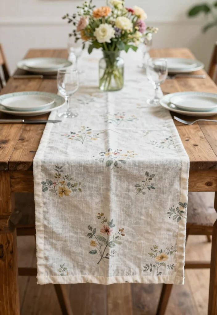 17 Farmhouse Table Decor Ideas With Rustic Charm 2 17 Farmhouse Table Decor Ideas With Rustic Charm - 2. Vintage Cloth Table Runner 1