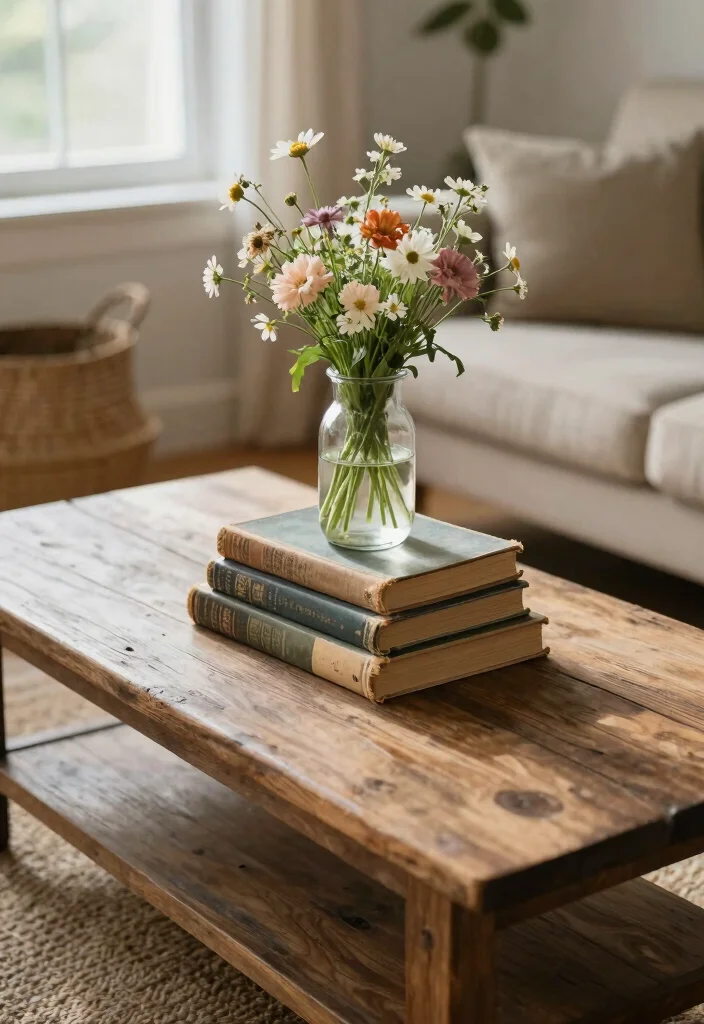 18 Farmhouse Coffee Table Decor Ideas With Cozy Layers - 1. Vintage Books and Fresh Flowers 1