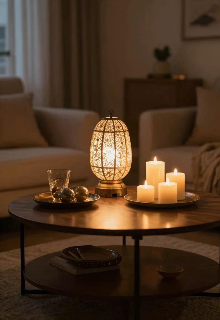 18 Farmhouse Coffee Table Decor Ideas With Cozy Layers - 17. Layered Lighting 1