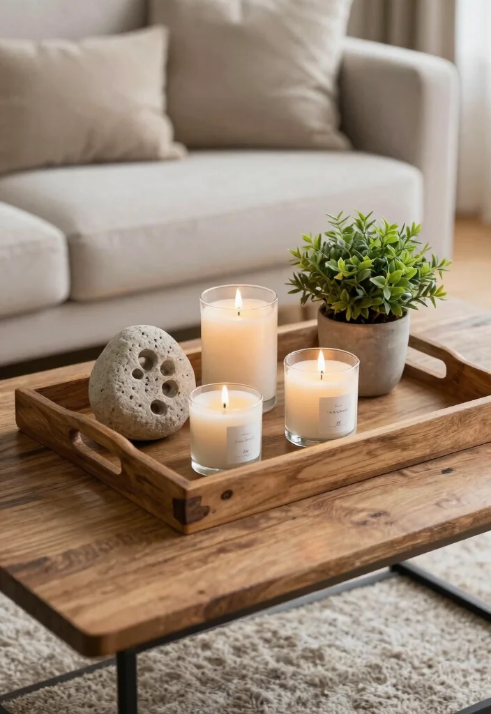18 Farmhouse Coffee Table Decor Ideas With Cozy Layers - 4. Rustic Trays 1