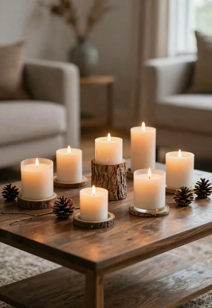 18 Farmhouse Coffee Table Decor Ideas With Cozy Layers - 5. Farmhouse Candles 1