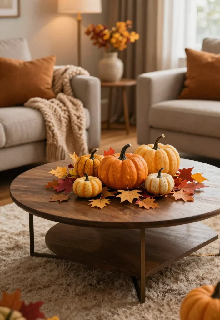 18 Farmhouse Coffee Table Decor Ideas With Cozy Layers - 7. Seasonal Decor 1