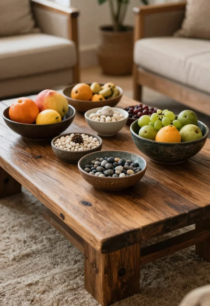 18 Farmhouse Coffee Table Decor Ideas With Cozy Layers - 9. Decorative Bowls 1