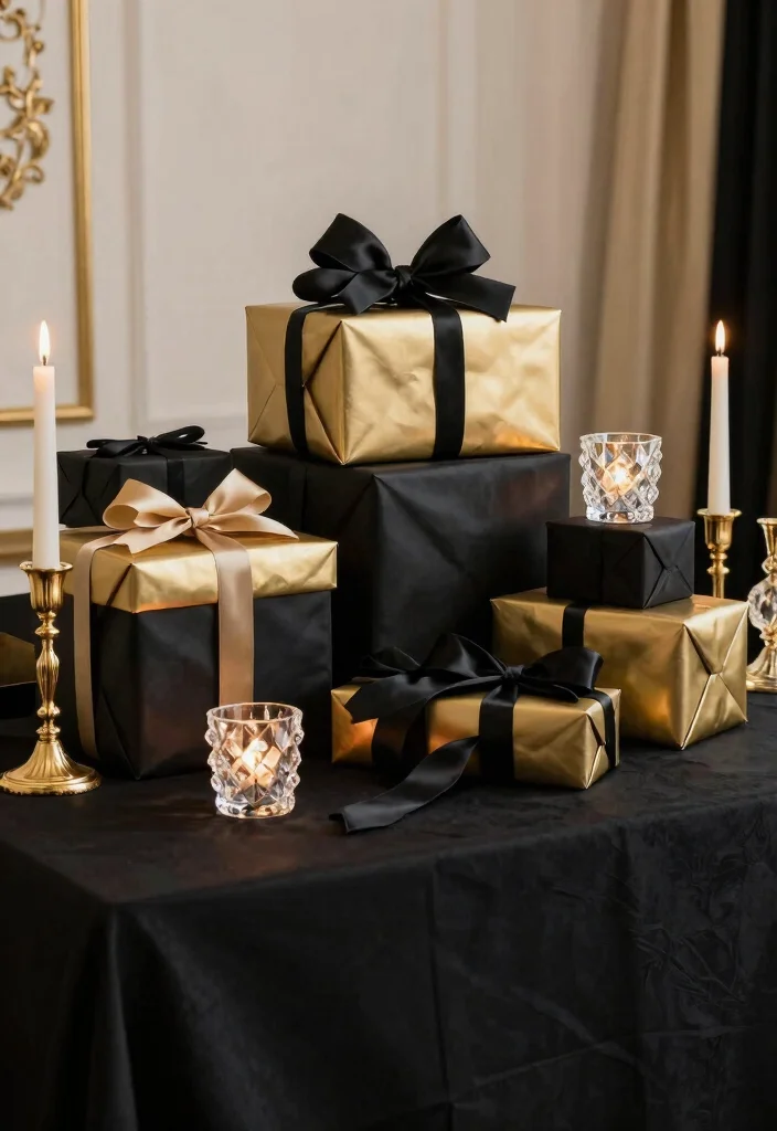 18 Gift Table Decor Ideas That Look Festive & Fun 56 18 Gift Table Decor Ideas That Look Festive & Fun - 16. Glamorous Black Tie 1