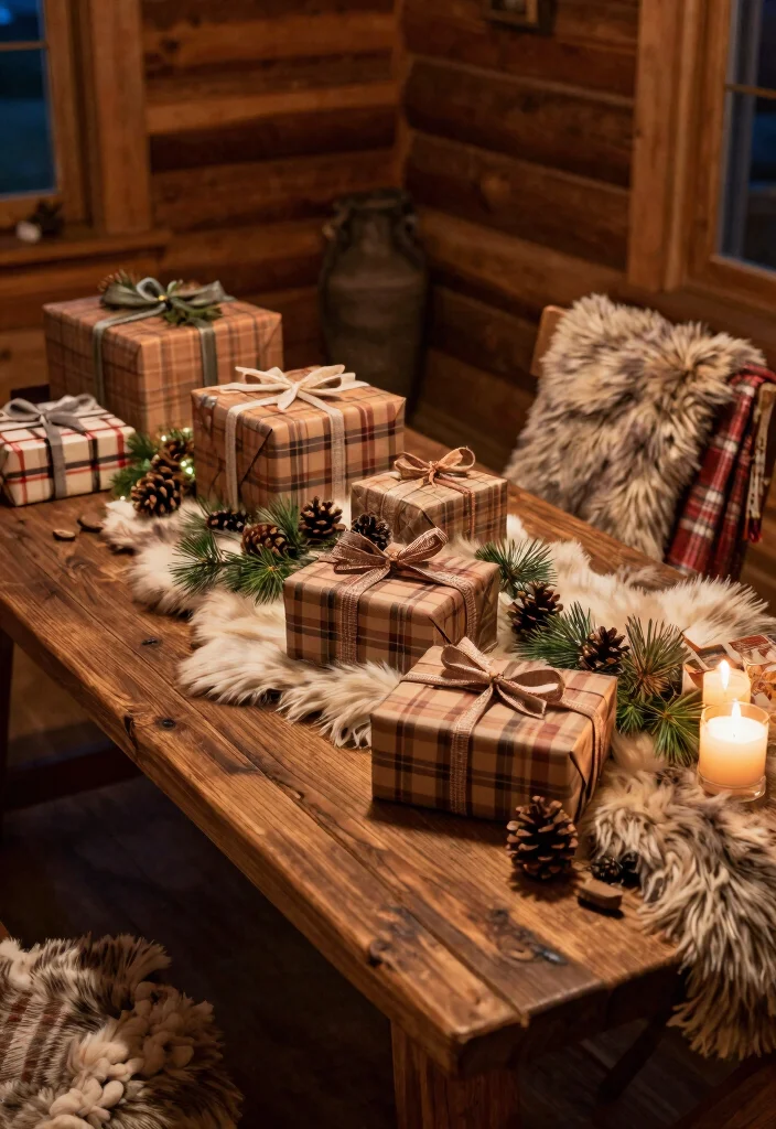 18 Gift Table Decor Ideas That Look Festive & Fun 19 18 Gift Table Decor Ideas That Look Festive & Fun - 9. Cozy Cabin Retreat 1