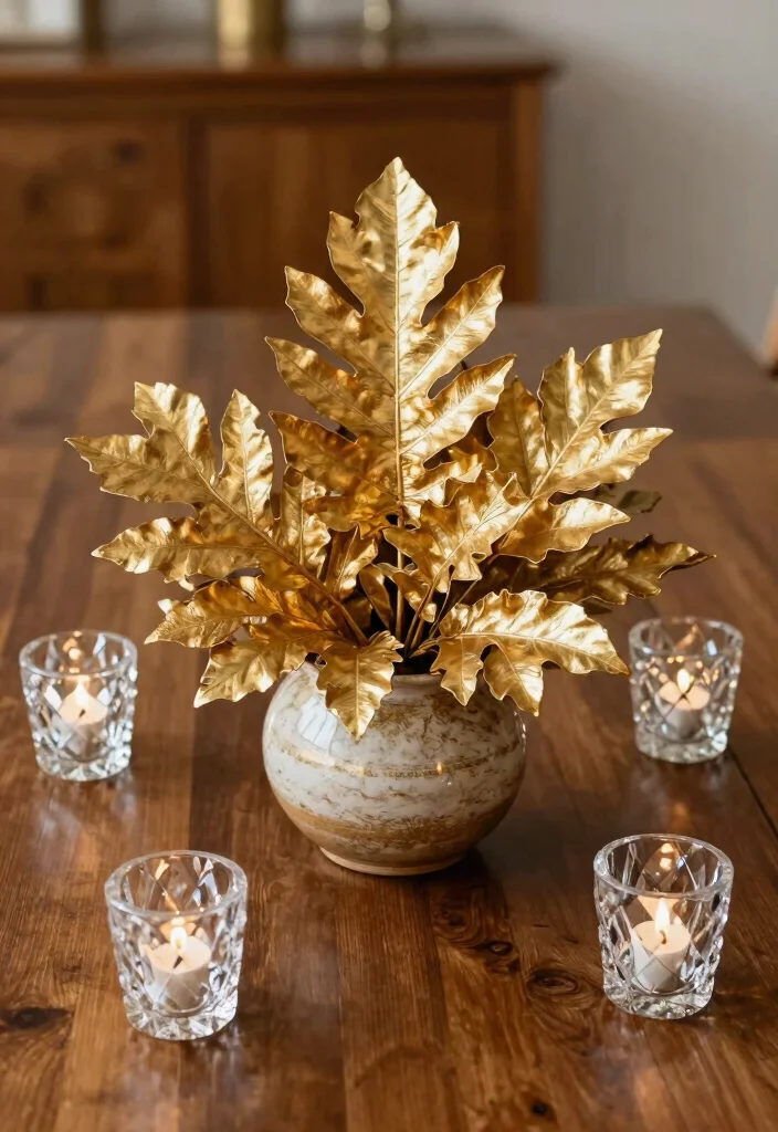 18 Gold Dining Table Ideas With Glamorous Shine 1 18 Gold Dining Table Ideas With Glamorous Shine - 1. Gold Leaf Centerpiece 1