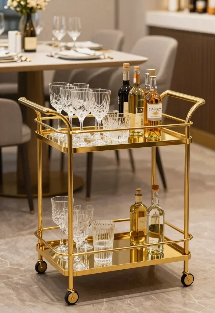 18 Gold Dining Table Ideas With Glamorous Shine 56 18 Gold Dining Table Ideas With Glamorous Shine - 16. Stylish Gold Bar Cart 1