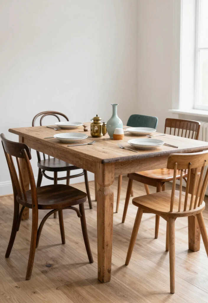 18 Light Wood Dining Room Table Ideas With Airy Feel - 13. Vintage Charm 1