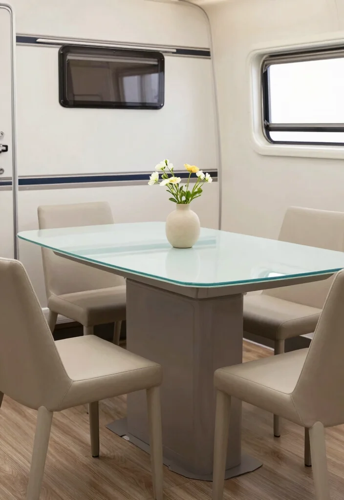 18 RV Dining Table Ideas That Feel Smart & Stylish - 10. Minimalist Tables with Clean Lines 1