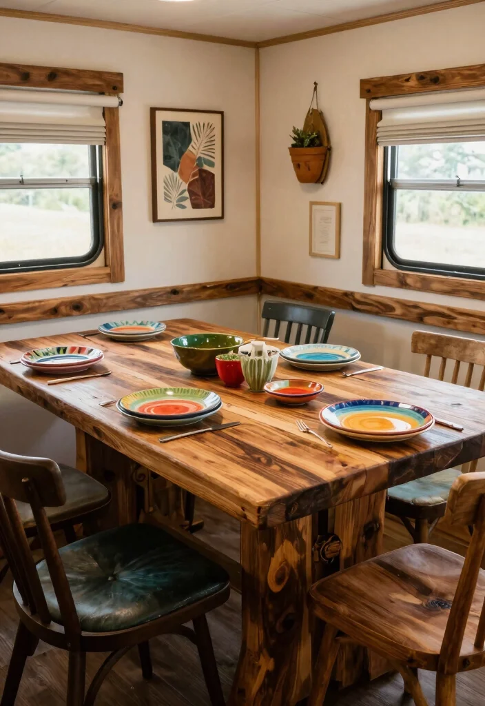 18 RV Dining Table Ideas That Feel Smart & Stylish - 13. Artisanal Tables with Unique Character 1