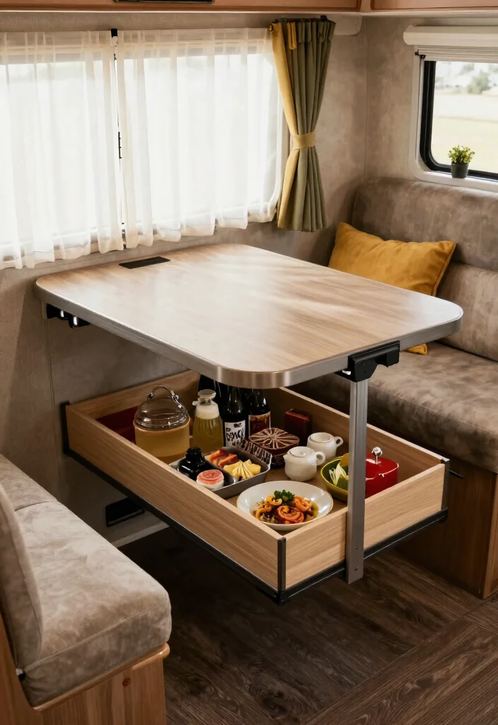 18 RV Dining Table Ideas That Feel Smart & Stylish - 3. Collapsible Tables with Storage 1