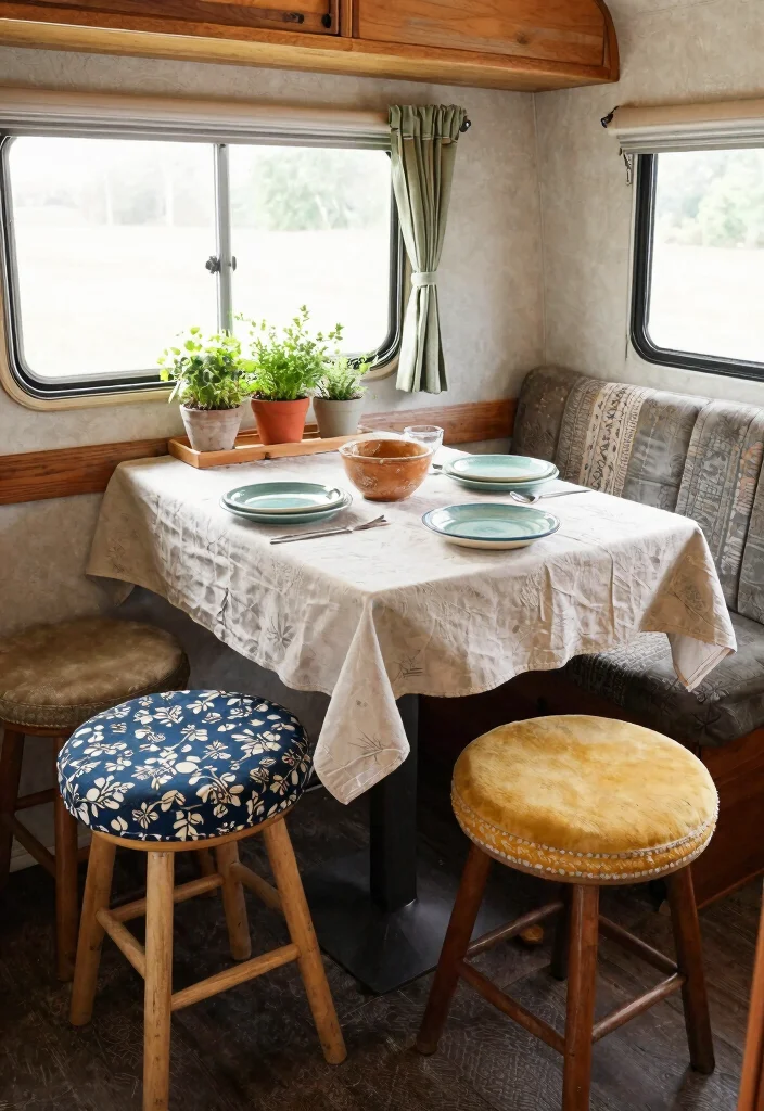 18 RV Dining Table Ideas That Feel Smart & Stylish - 7. Vintage Stools with a Table 1