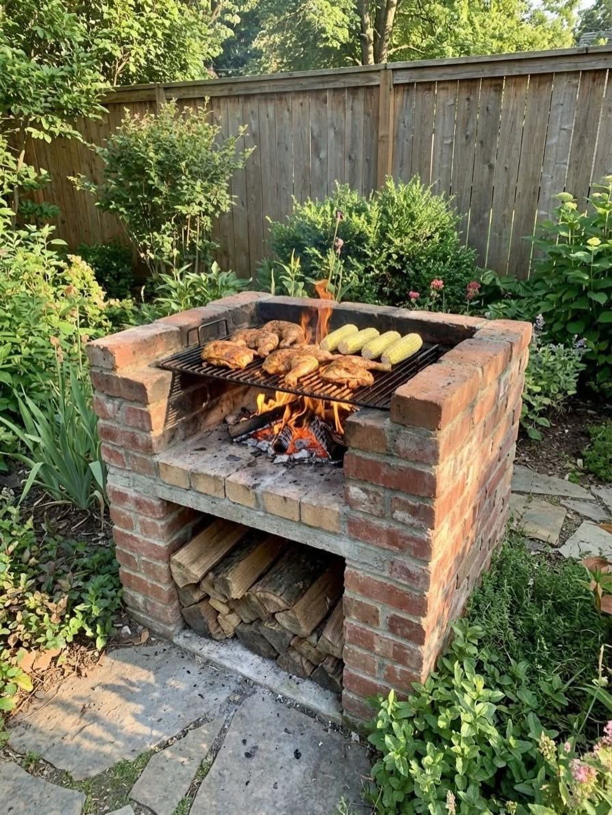 Food cooking on a metal grate over an open fire in a brick barbecue.