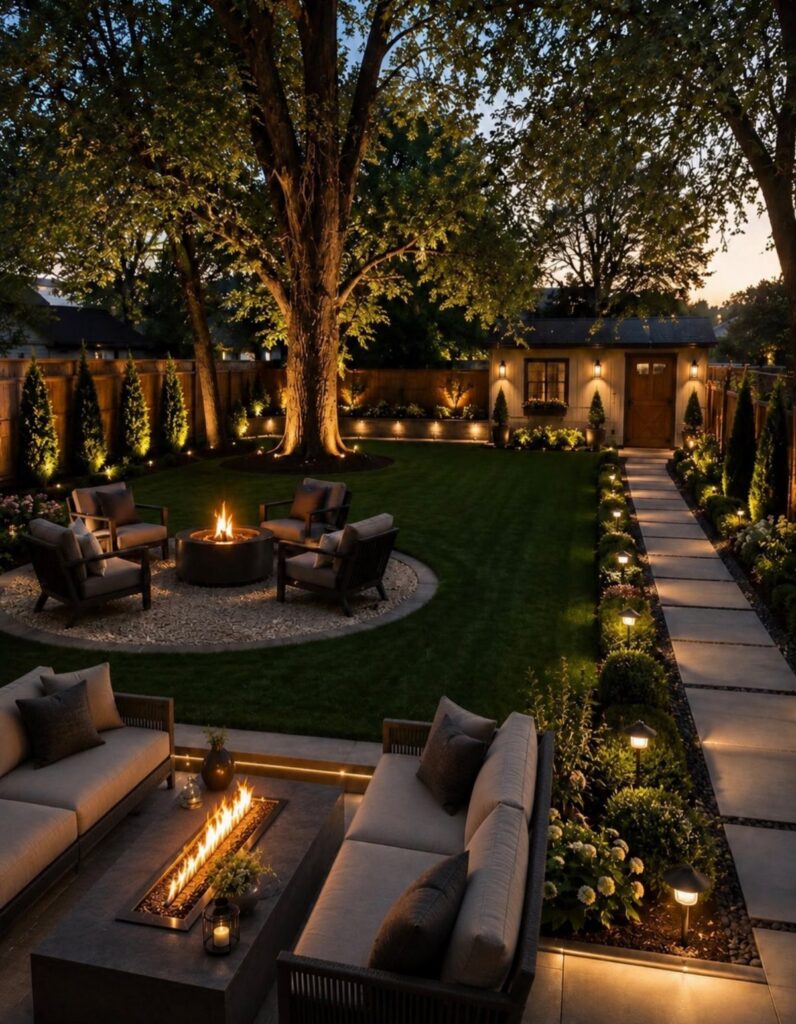 A luxury backyard patio design featuring outdoor seating, fire pits, and illuminated stone walkways at twilight.