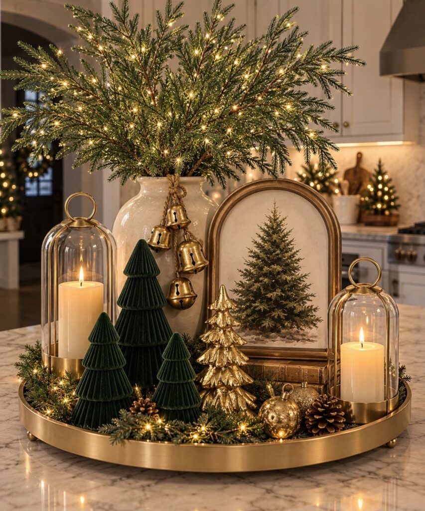 Festive Christmas centerpiece on a gold tray featuring lit candles, greenery, ornaments, and small decorative trees.