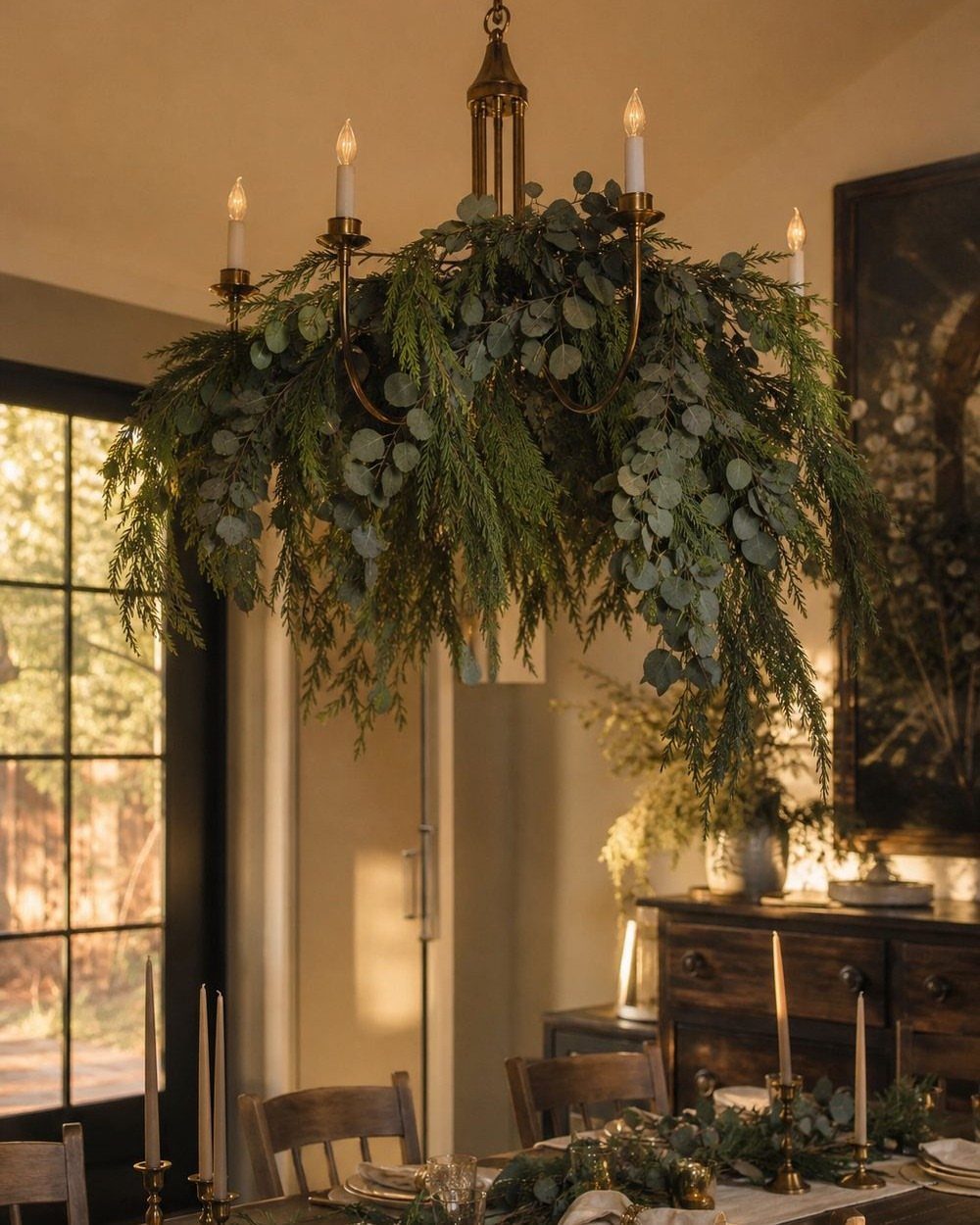 A brass chandelier adorned with lush green eucalyptus and evergreen foliage hanging in a dining room.