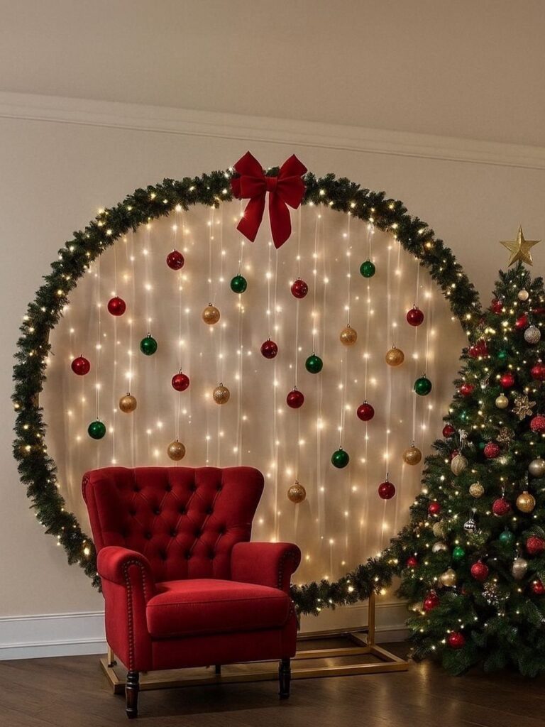 A circular lighted wreath backdrop with ornaments, a red armchair, and a Christmas tree.
