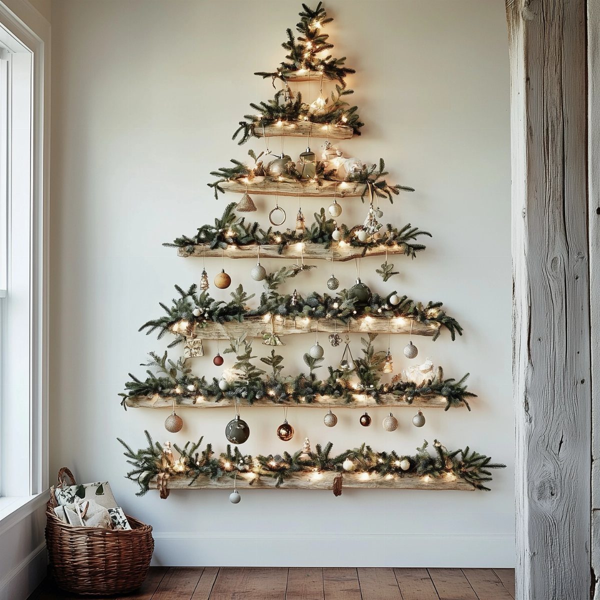 Wooden shelves arranged in a triangle shape on a wall, decorated with pine branches and ornaments.