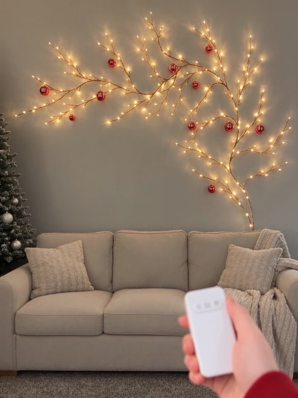 Glowing light branches with red ornaments mounted on a wall above a beige sofa.