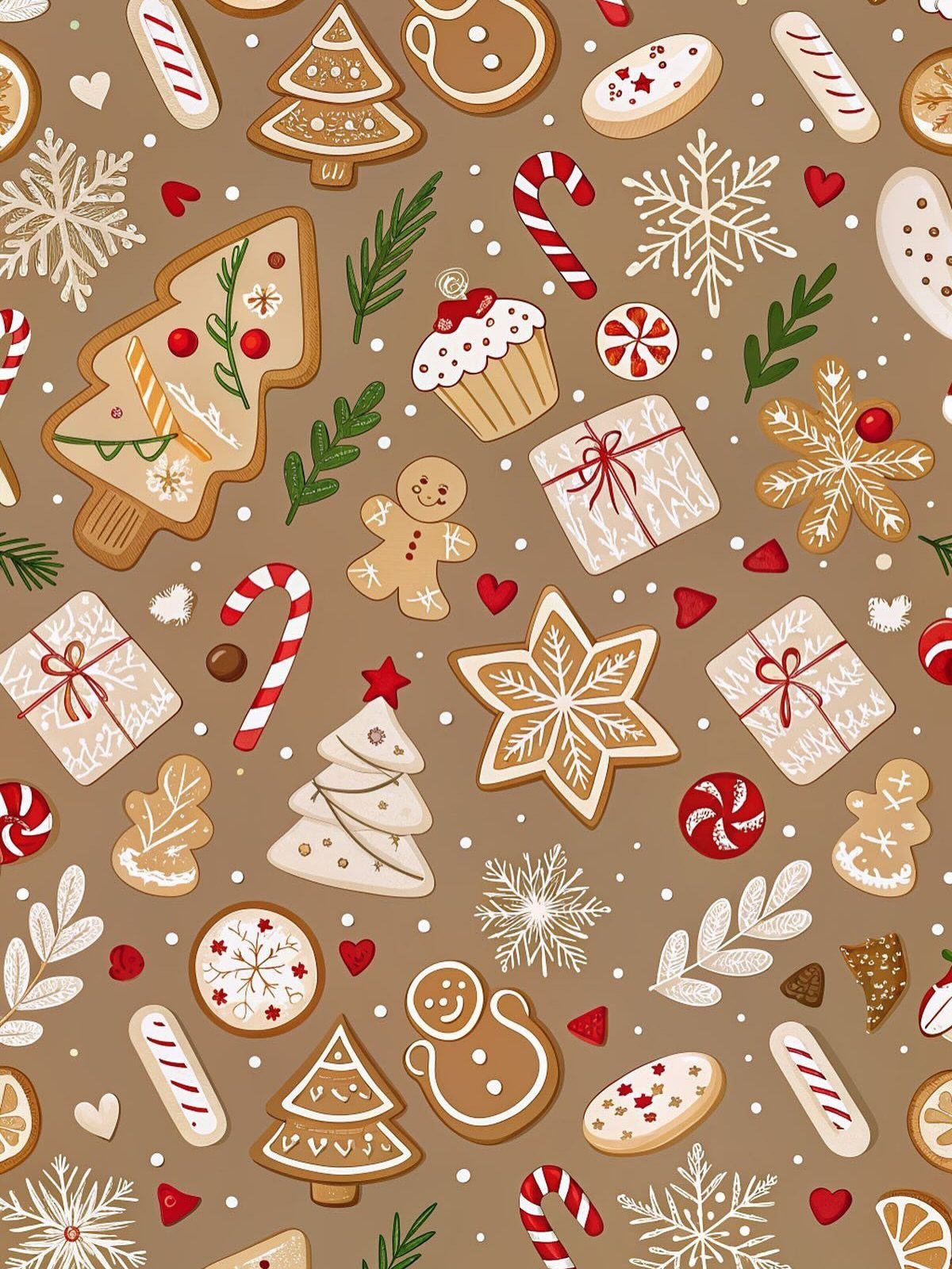 Pattern of various Christmas cookies like gingerbread men, candy canes, and decorated trees on a tan background.