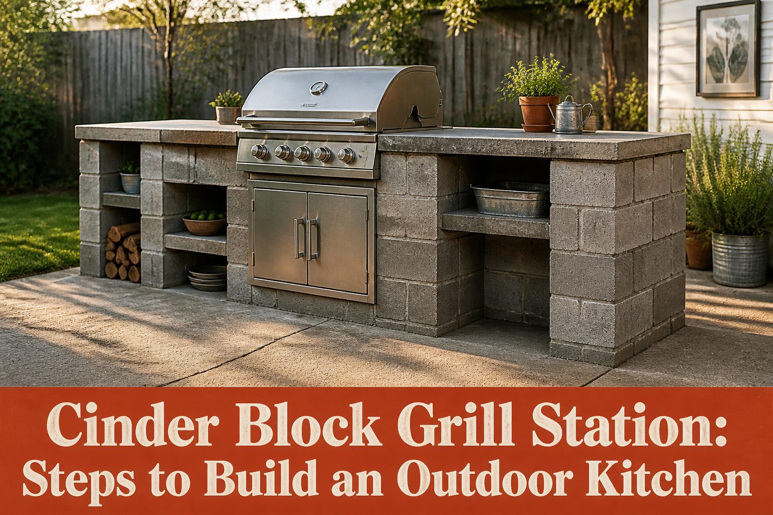 Cinder block grill station setup with tools and materials for building.