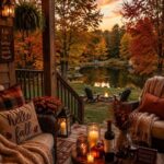 A cozy wooden porch decorated for autumn overlooking a lake during a colorful sunset.
